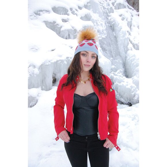 Strawberry Real Fox Fur Puff Beanie main image 5